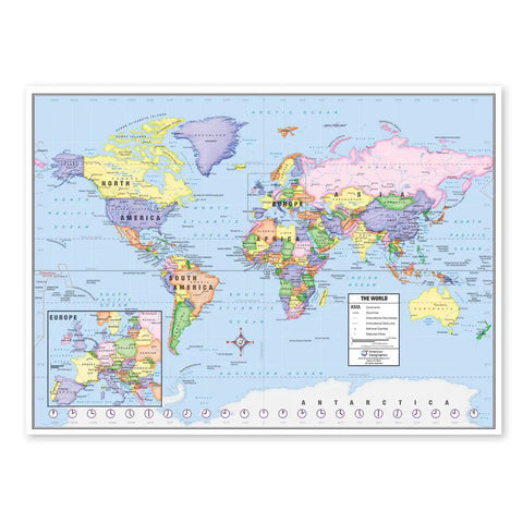 World side of Two Sided United States And World Desk Map 13 By 18 Laminated For Students with colorful political details.