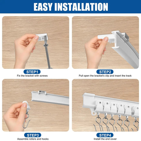 Heavy Duty Flexible Ceiling Curtain Track Three Meter Bendable PVC With Embedded Steel Plate Ceiling Mounted Curtain System For Windows And Room Dividers RV And Shower Easy Install Includes 26 Rollers 26 Hooks 9 Brackets showing bracket, track and hook installation steps