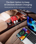 150W Car Power Inverter Converts 12V DC To 110V AC With Dual USB Ports charging a laptop and smartphone in a car.