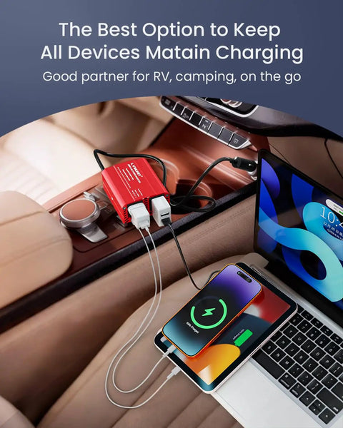 150W Car Power Inverter Converts 12V DC To 110V AC With Dual USB Ports charging a laptop and smartphone in a car.