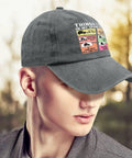 Man wearing Funny Spare Time RV Camper Hat for Women Low Profile Washed Cap with Adjustable Back Strap outdoors