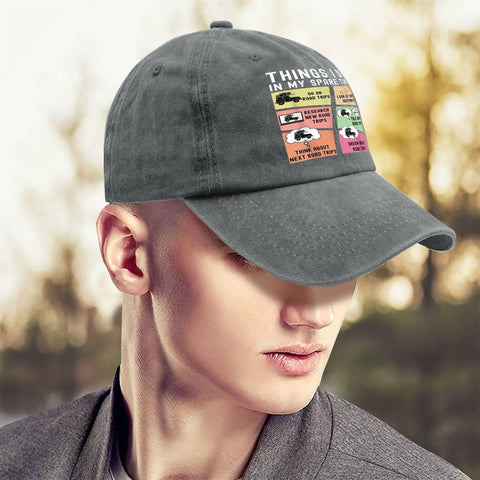 Man wearing Funny Spare Time RV Camper Hat for Women Low Profile Washed Cap with Adjustable Back Strap outdoors