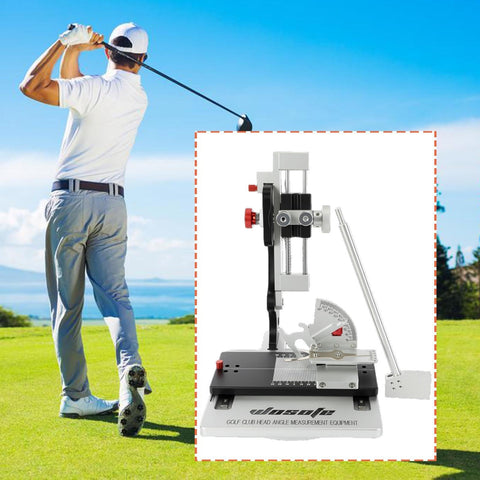 Golf Club Head Measuring Tool And Ruler For Quick Club Adjustments with compact metal precision gauge and golfer swinging.