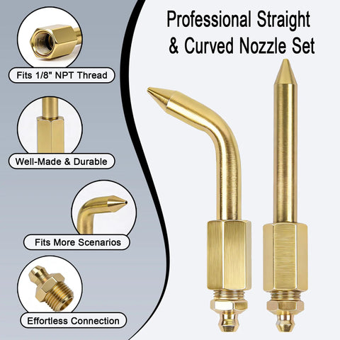 Professional straight and curved nozzle set, fits 1/8" NPT thread, durable design for grease guns.