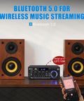 Front view of AK45 Pro Amplifier with Bluetooth 5.0, flanked by wooden stereo speakers, highlighting wireless music streaming capability.