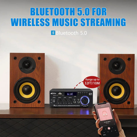 Front view of AK45 Pro Amplifier with Bluetooth 5.0, flanked by wooden stereo speakers, highlighting wireless music streaming capability.
