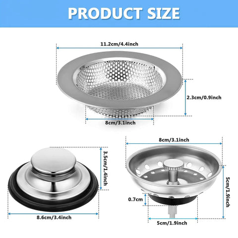 3 Piece Kitchen Sink Drain Strainer And Stopper Set Stainless Steel Garbage Disposal Plug with measurements