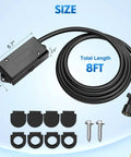 Heavy Duty 7 Way Trailer Plug With 8 Foot Wiring Harness 7 Pin RV Round Connector Cable Weatherproof Junction Box Universal Tow Wiring For RVs And Cars Durable Cable And Easy Clip In shown with dimensions and components.