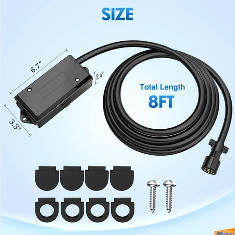 Heavy Duty 7 Way Trailer Plug With 8 Foot Wiring Harness 7 Pin RV Round Connector Cable Weatherproof Junction Box Universal Tow Wiring For RVs And Cars Durable Cable And Easy Clip In shown with dimensions and components.