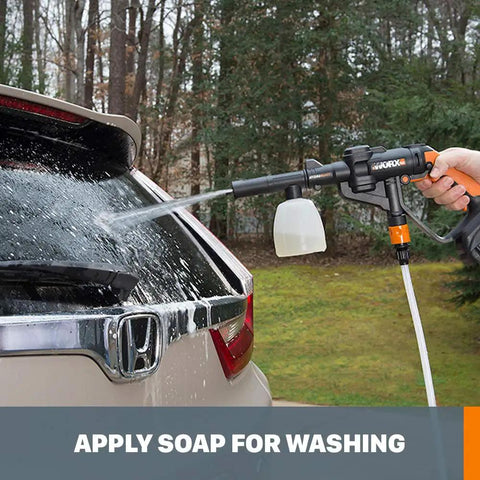 Deluxe Accessory Kit For Hydroshot Power Washers With Rotary Brush Squeegee Soap Dispenser washing an SUV with soapy water