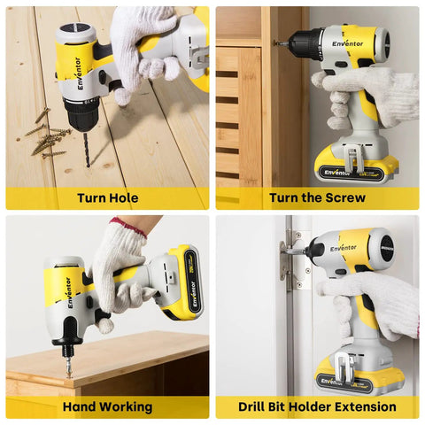 Four scenes showing a Cordless Drill Combo Kit With 20V Brushless Drill Driver And Impact Driver in use on wood surfaces.
