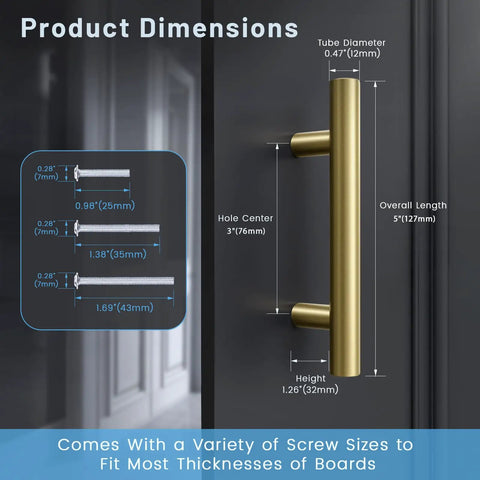 10 Pack Brushed Gold Cabinet Pulls, 3 Inch Hole Center Kitchen Cabinet Handles For Bar And Drawer on door with dimensions