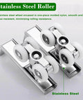 Close-up of stainless steel rollers in Double Sliding Door Track Hardware Kit for Bypass Doors with smooth quiet glide.