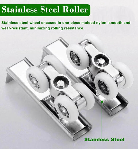 Close-up of stainless steel rollers in Double Sliding Door Track Hardware Kit for Bypass Doors with smooth quiet glide.
