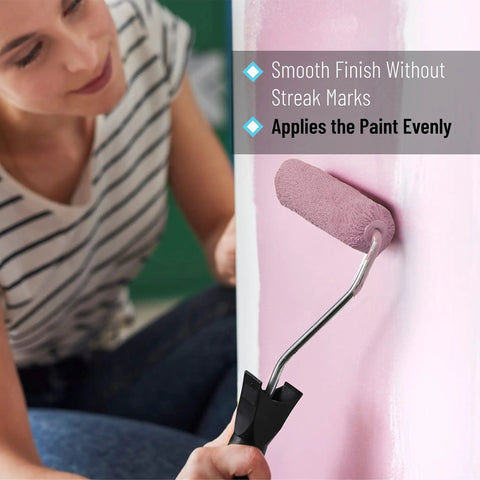 4 Inch Paint Tray Set With Mini Roller Kit Includes Three Microfiber Rollers Durable 4 Inch Frame And Tray For Slick Edges DIY Friendly House Painting Supplies For Quick Edges And Pro Finish being used to apply pink paint to a wall without streaks by a person in striped shirt