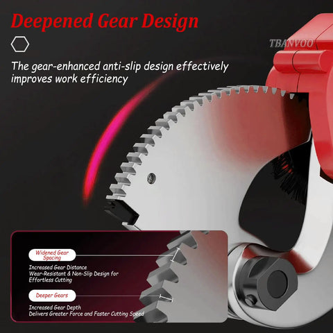 Close-up of gear design on Cordless Electric Ratchet Wire Cutter Pro Grade Cable Cutter For Copper And Aluminum Wires 50 75 85 95mm Size 21V 5.0Ah Battery Quiet Smooth Cut Ergonomic Grip Beefy Heavy Duty Wire Cutting Tool with anti-slip feature