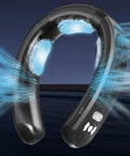 Black Portable Neck Air Conditioner Fan 2026 Upgrade with Three Cooling Plates glowing blue, showing bladeless design.