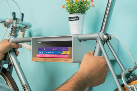 Wall Mounted Bike Rack With Bamboo Shelf For Indoor Storage And Decor, book on bamboo shelf with bike frame and planter