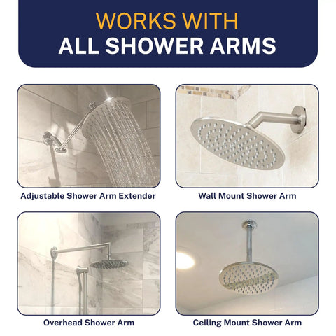 Solid Metal 8 Inch Rainfall Shower Head With High Flow Pressure Boost Oil Rubbed Bronze Finish Two Point Five GPM Built To Last Heavy Duty Commercial Grade Durability For A Spa Like Shower Experience shown on different shower arm types.