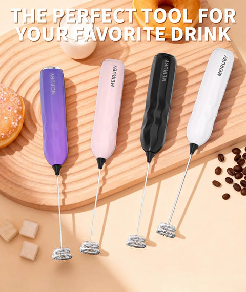 Two Pack Handheld Milk Frother With Stand For Lattes Cappuccinos Matcha And Hot Chocolate Go To Valentines Day Gift For Him And Her Black And White displayed with various color options, showing stainless steel design and compact size.