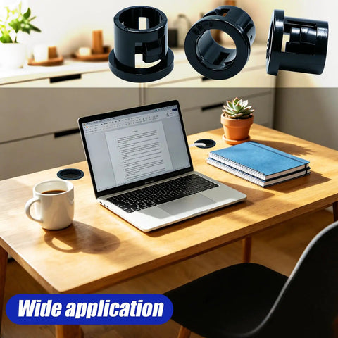 45Pcs Black Plastic Grommets For 5/8 Inch Holes 16mm Snap In Locking Cable Hole Grommets Protectors on wooden desk with laptop