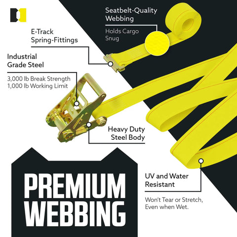 Heavy Duty 2 Inch By 12 Foot Ratchet Tie Down Straps Pack Of 10 In Bright Yellow With E Track Fittings, showing premium webbing