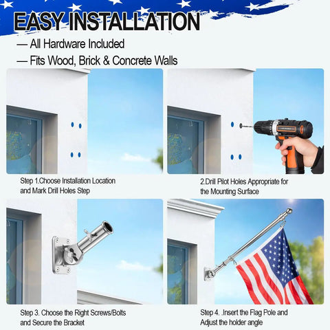 Step-by-step installation of 180 Degree Adjustable Flag Pole Holder Mount In Marine Grade 316 Stainless Steel