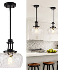 Matte Black Pendant Light Fixture With 10 Inch Clear Hammered Glass Shade for Kitchen Island and Dining Room