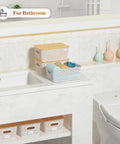 Stackable Plastic Storage Baskets With Bamboo Lids 6 Pack For Easy Organization On Shelves Drawers Desks Closets Playrooms And Classrooms BPA Free Durable Lightweight on bathroom counter