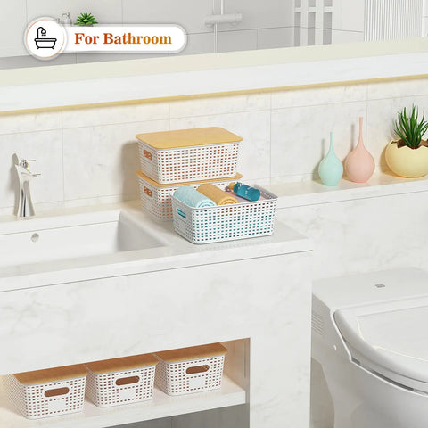 Stackable Plastic Storage Baskets With Bamboo Lids 6 Pack For Easy Organization On Shelves Drawers Desks Closets Playrooms And Classrooms BPA Free Durable Lightweight on bathroom counter