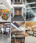 Collage of 4 Foot LED Shop Light Triple Row 288 LEDs D Shape 6000K Cool White 5850 Lumens in various environments.