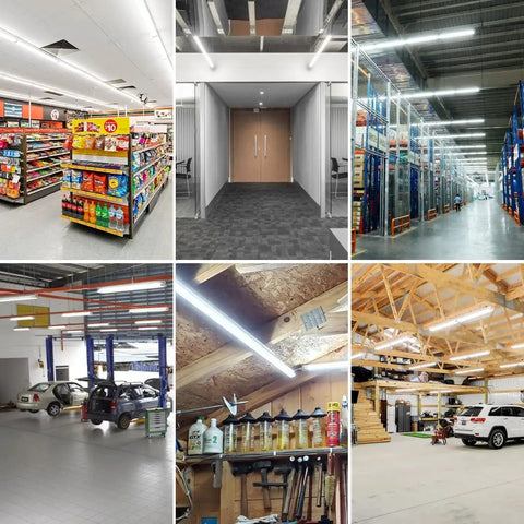 Collage of 4 Foot LED Shop Light Triple Row 288 LEDs D Shape 6000K Cool White 5850 Lumens in various environments.
