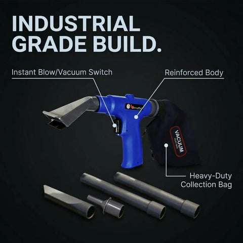 Industrial grade Dual Action Pneumatic Vacuum And Air Blow Gun with 6 attachments and reinforced body displayed.