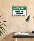 First Aid Station Aluminum Sign 8x12 Inches Built Tough Weatherproof Metal Sign for office personnel room on textured wall