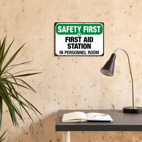 First Aid Station Aluminum Sign 8x12 Inches Built Tough Weatherproof Metal Sign for office personnel room on textured wall