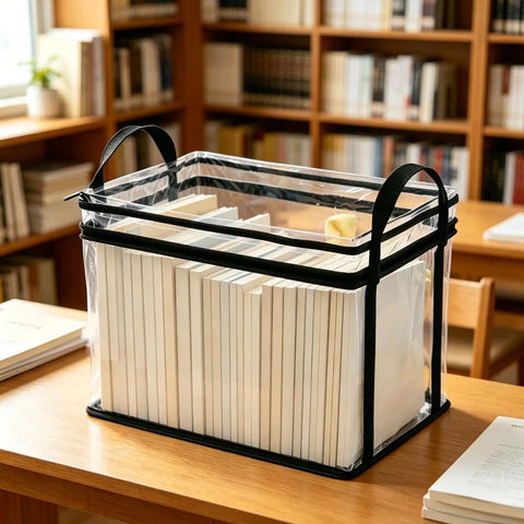 Heavy Duty Clear Zipper Storage Bags With Handles For Moving Ready Organization And Document Protectors with books inside.