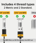 Includes 4 thread types for adjustable bed legs: 3/8" M8 and 5/16" M10 details with measurements and compatibility.