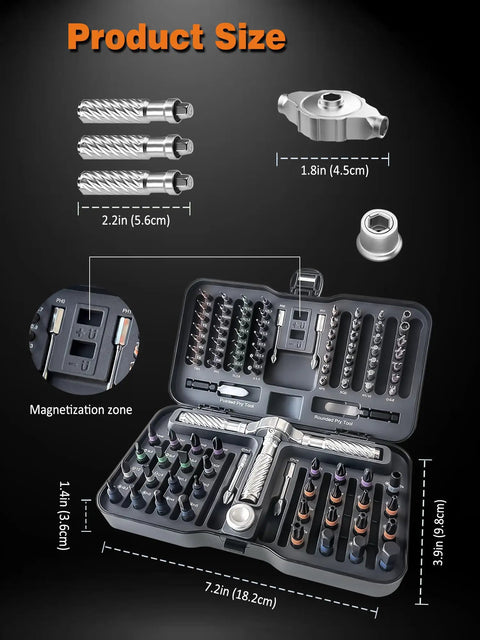 Open toolkit showing 100-In-One Magnetic Ratchet Screwdriver Set With 88 Short And 6 Long S2 Steel Bits, flexible shaft, and magnetic slot.
