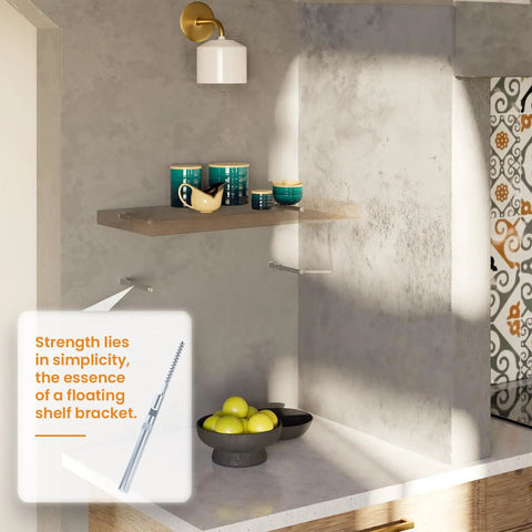 Hidden Floating Shelf Brackets Set Of 8 For Thin Wood Shelves Silver Invisible Support installed in modern kitchen