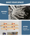 Three Layer Wall Mounted Storage Rack For Long Items Like Lumber And Pipes Heavy Duty Garage Shed Shelving Black Two Pack Scratch Resistant Space Saving Organizer installed displaying organized wood planks.