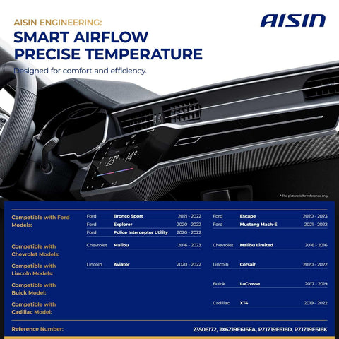 AISIN engineering dashboard showcasing smart airflow control and vehicle compatibility for various car models