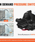 Image of 12V RV Water Diaphragm Pump With Auto On Off Switch Self Priming 3.5 GPM At 45 PSI Fresh Water Pressure Pump and faucet on/off