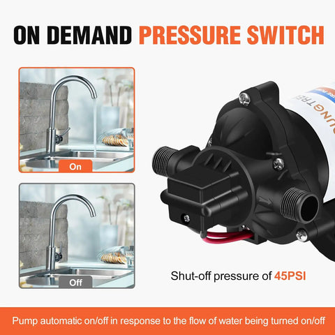 Image of 12V RV Water Diaphragm Pump With Auto On Off Switch Self Priming 3.5 GPM At 45 PSI Fresh Water Pressure Pump and faucet on/off