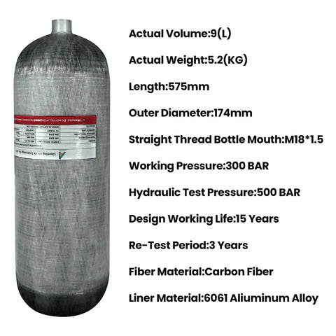 4500 Psi 9L Carbon Fiber Scuba Tank With High Pressure Gauge Valve For PCP Air Rifles And PCP Games Station C CE EN Certified