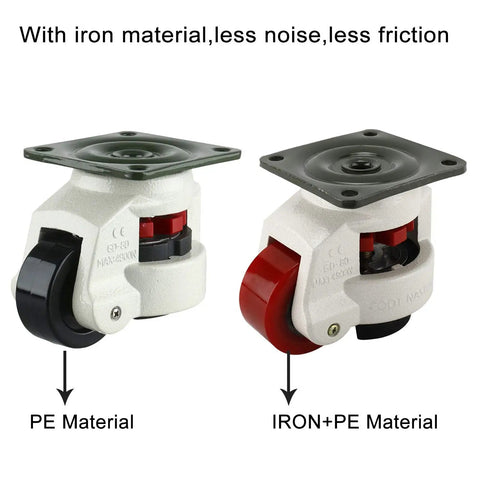 Tough As Nails Leveling Casters 4 Pack With Slick Poly Wheels And Thick Nbr Rubber Pads Rock Solid Plate Mounted Base side view of PE and iron material casters