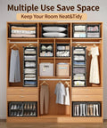 Wooden closet organizer displaying neatly arranged clothing and accessories for flexible storage solution.