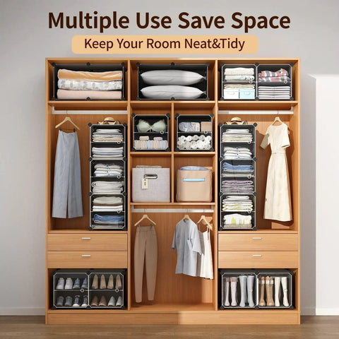 Wooden closet organizer displaying neatly arranged clothing and accessories for flexible storage solution.