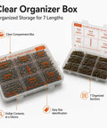Flat Head Wood Screw Kit M4 250 PC Set with 7 lengths in a clear organizer box for DIY repairs and woodworking projects