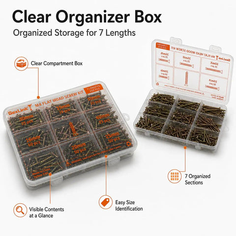 Flat Head Wood Screw Kit M4 250 PC Set with 7 lengths in a clear organizer box for DIY repairs and woodworking projects