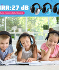 Three kids reading while wearing Six Pack Kids Noise Cancelling Earmuffs 27dB Adjustable For Autism Sensory Toddlers And Children